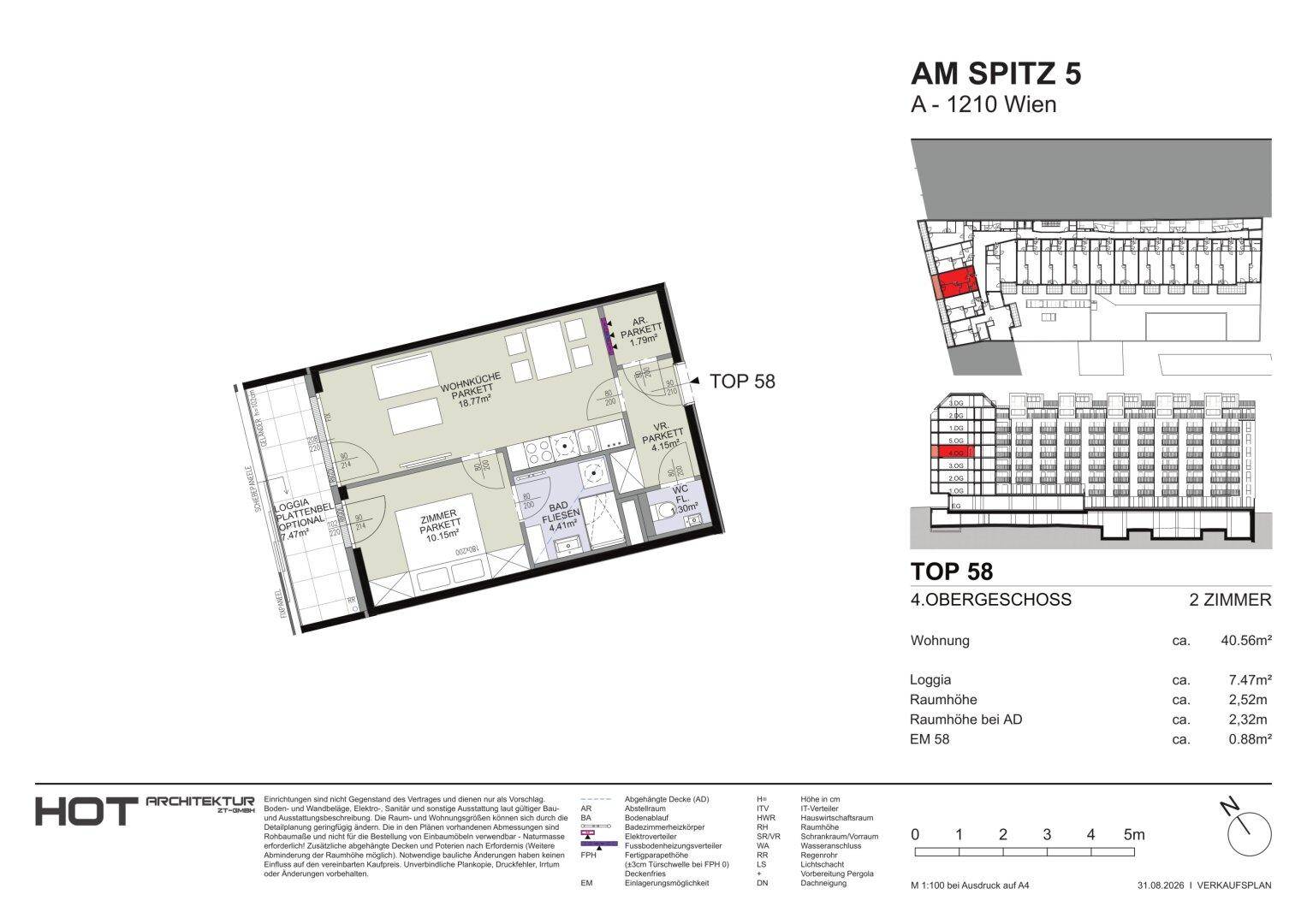 Grundriss der Wohnung TOP 58 im 4. Obergeschoss mit Loggia und zwei Zimmern.