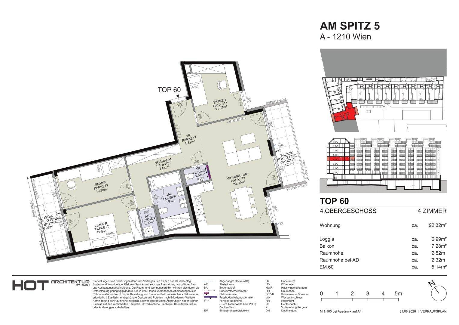 Grundriss der Wohnung TOP 60 im 4. Obergeschoss mit Loggia und Balkon.