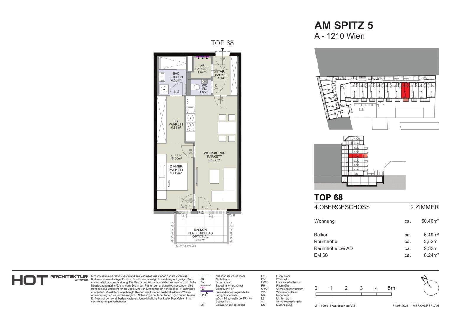 Grundriss einer 2-Zimmer-Wohnung im 4. Obergeschoss mit Balkon und offenem Wohnbereich.