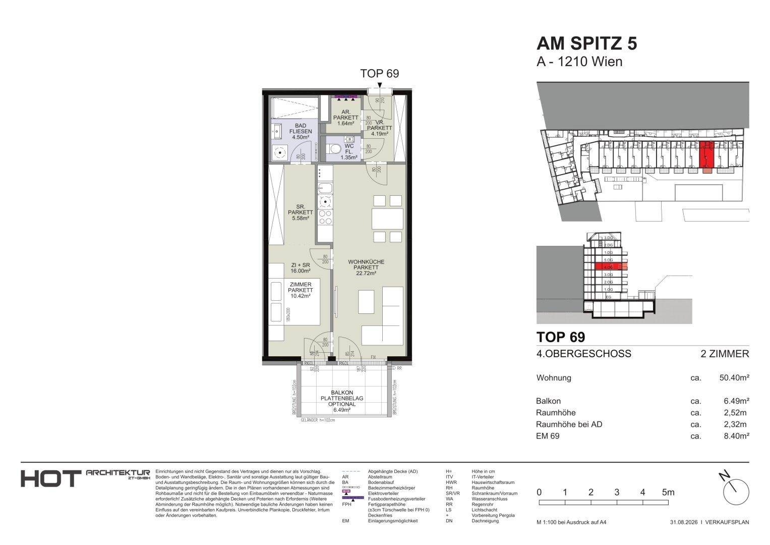 Grundriss einer 2-Zimmer-Wohnung im 4. Obergeschoss mit Balkon und offenem Wohnbereich.