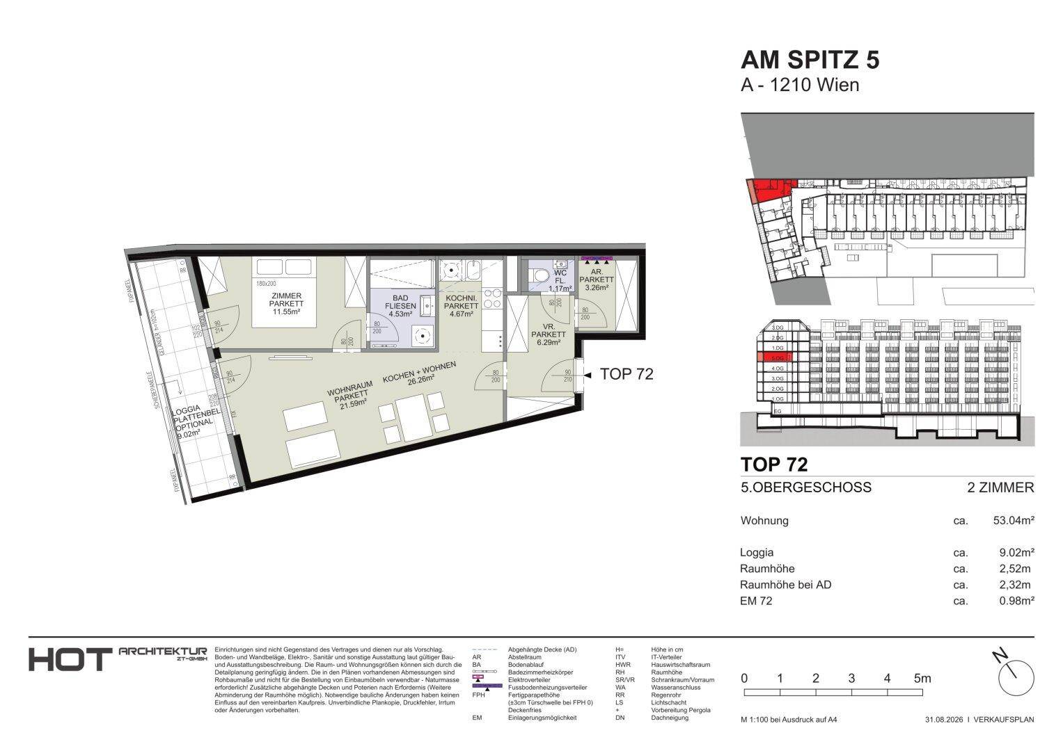 Grundriss der Wohnung TOP 72 im 5. Obergeschoss mit zwei Zimmern und offener Wohnküche.