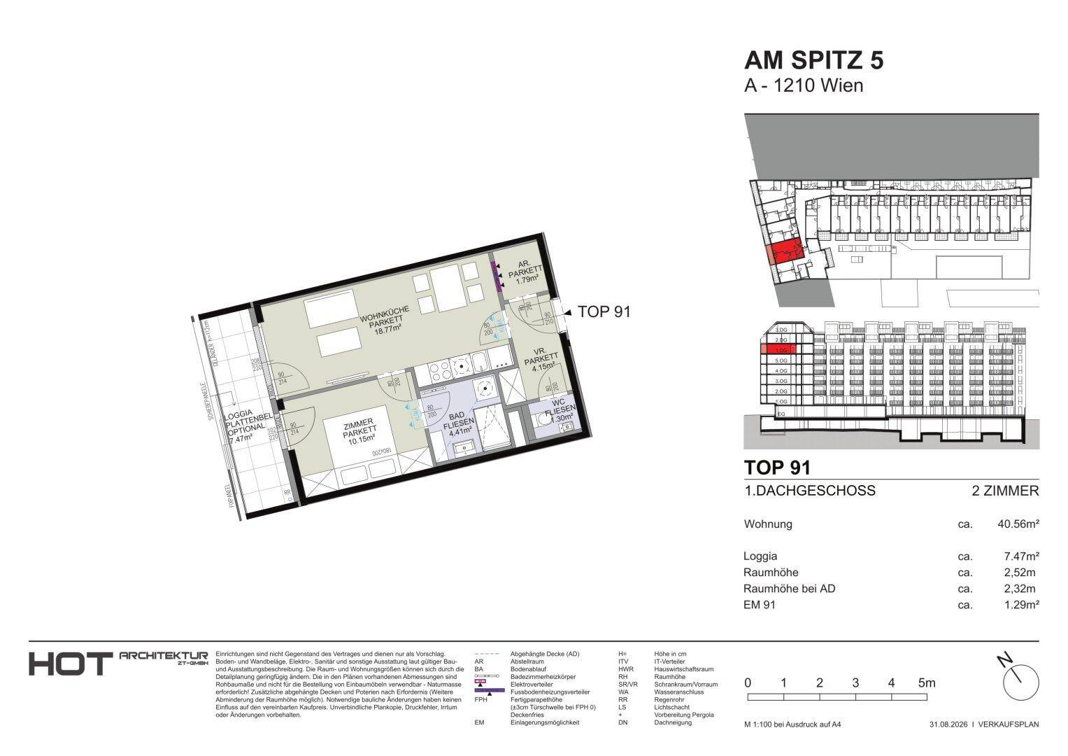 Grundriss einer 2-Zimmer-Wohnung im Dachgeschoss mit Loggia und offenem Wohnbereich.