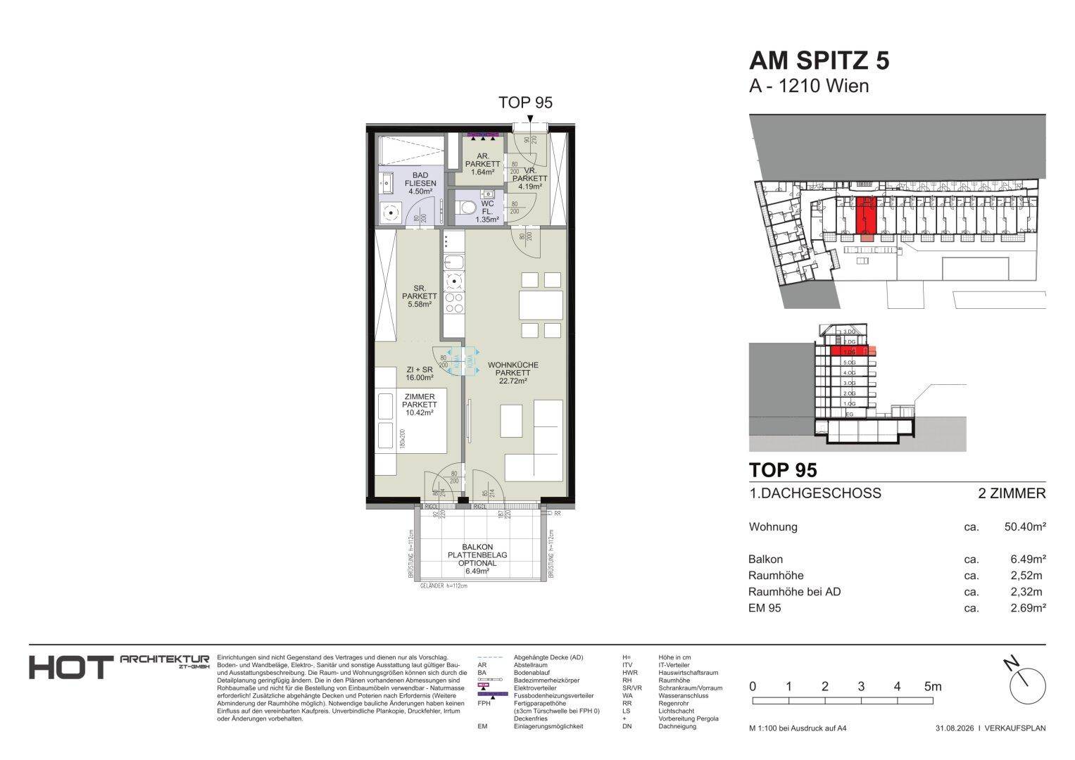 Detaillierter Grundriss einer 2-Zimmer-Wohnung im Dachgeschoss mit Balkon und Parkettboden.