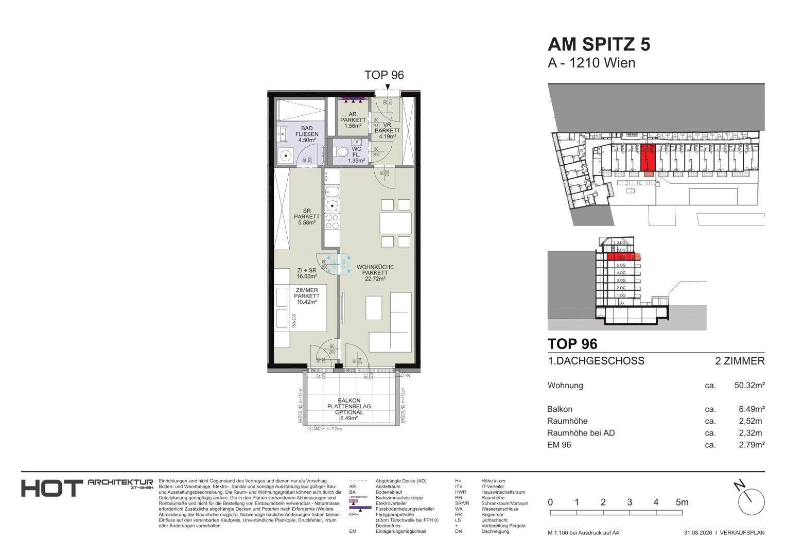 Grundriss einer 2-Zimmer-Wohnung im Dachgeschoss mit offenem Wohnbereich und Balkon.
