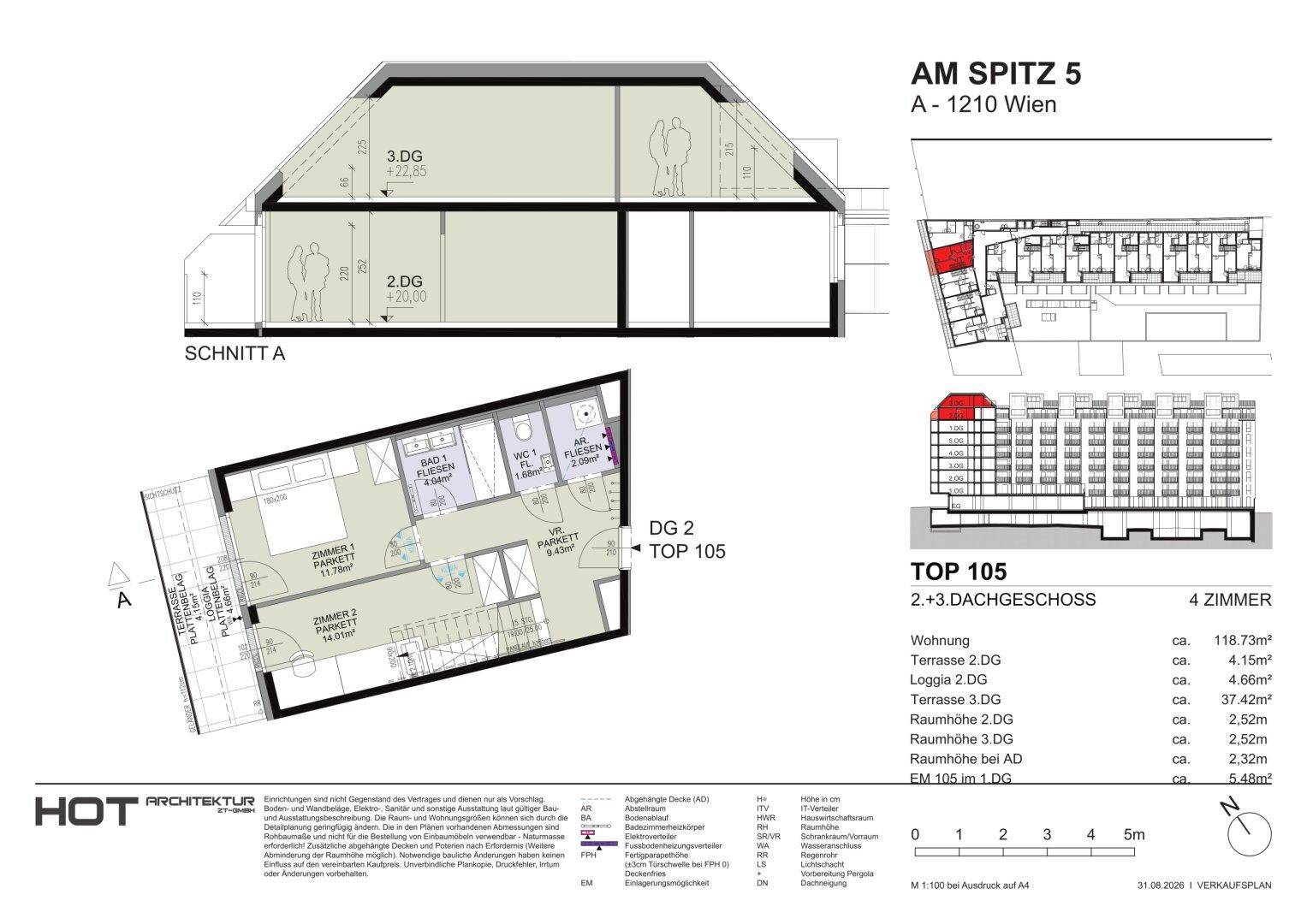 Grundriss und Schnittansicht einer Dachgeschosswohnung mit mehreren Zimmern und Loggia.