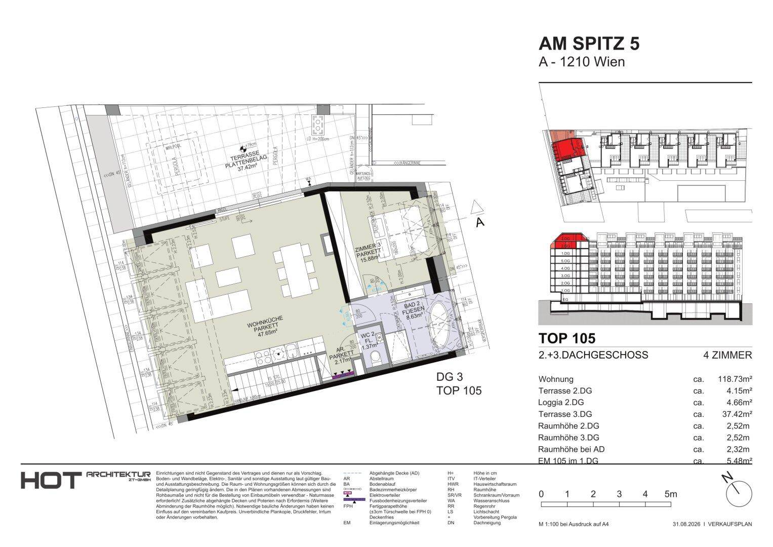 Grundriss der oberen Ebene einer Dachgeschosswohnung mit großer Terrasse und offenem Wohnbereich.