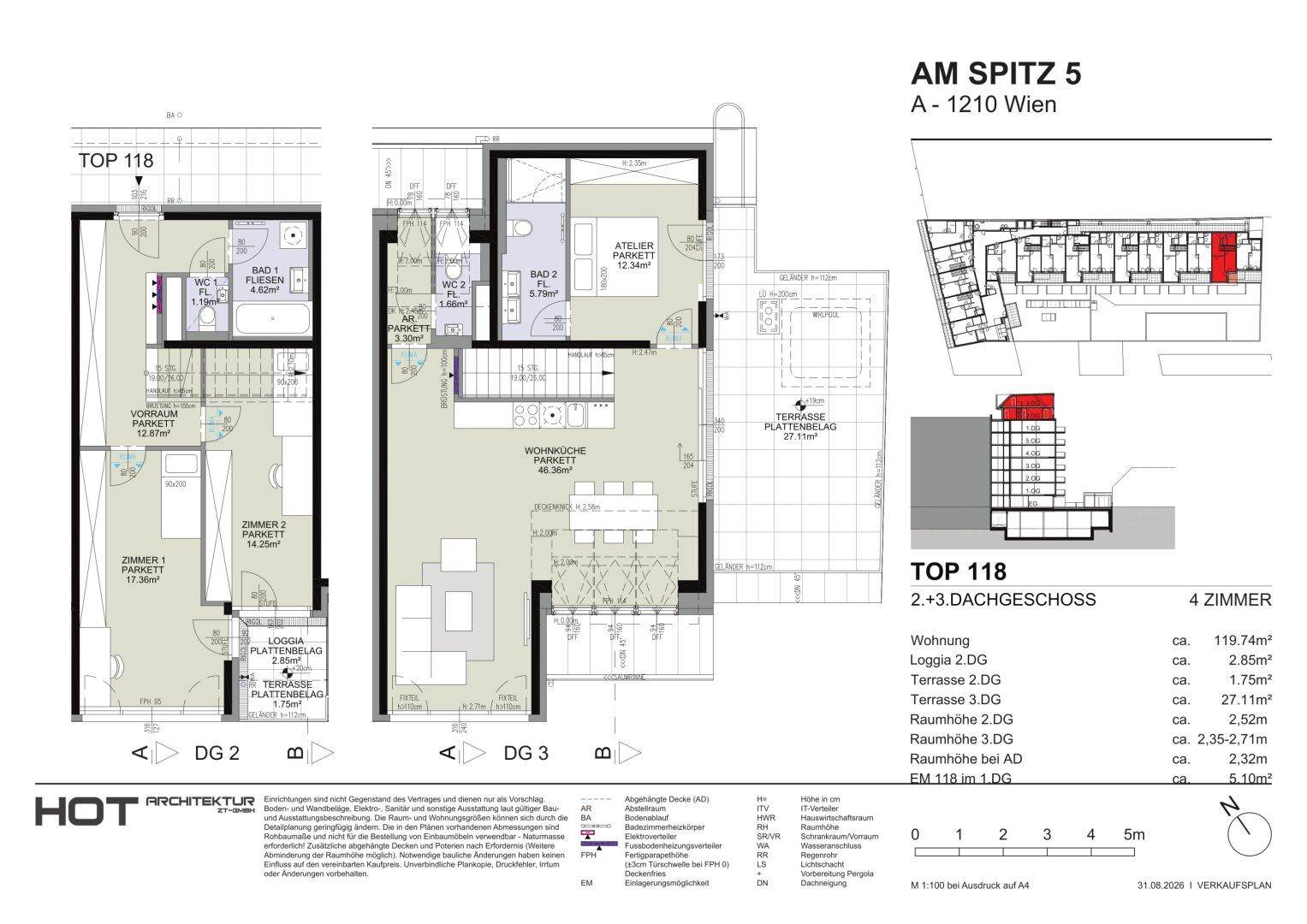 Grundriss der Dachgeschosswohnung auf zwei Ebenen mit Loggia und Terrasse.