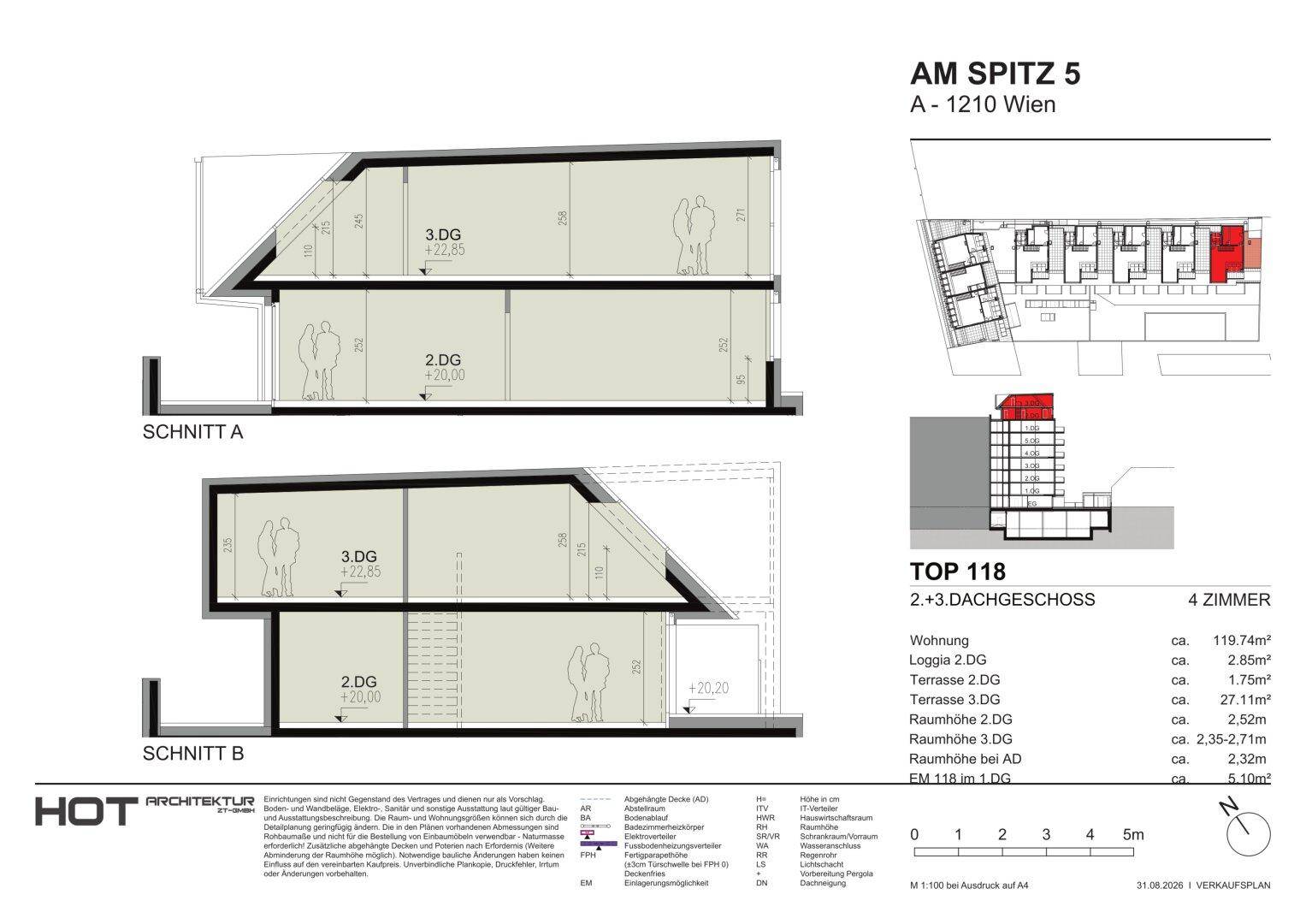 Querschnittsansichten der Dachgeschosswohnung mit zwei Ebenen und Dachschrägen.