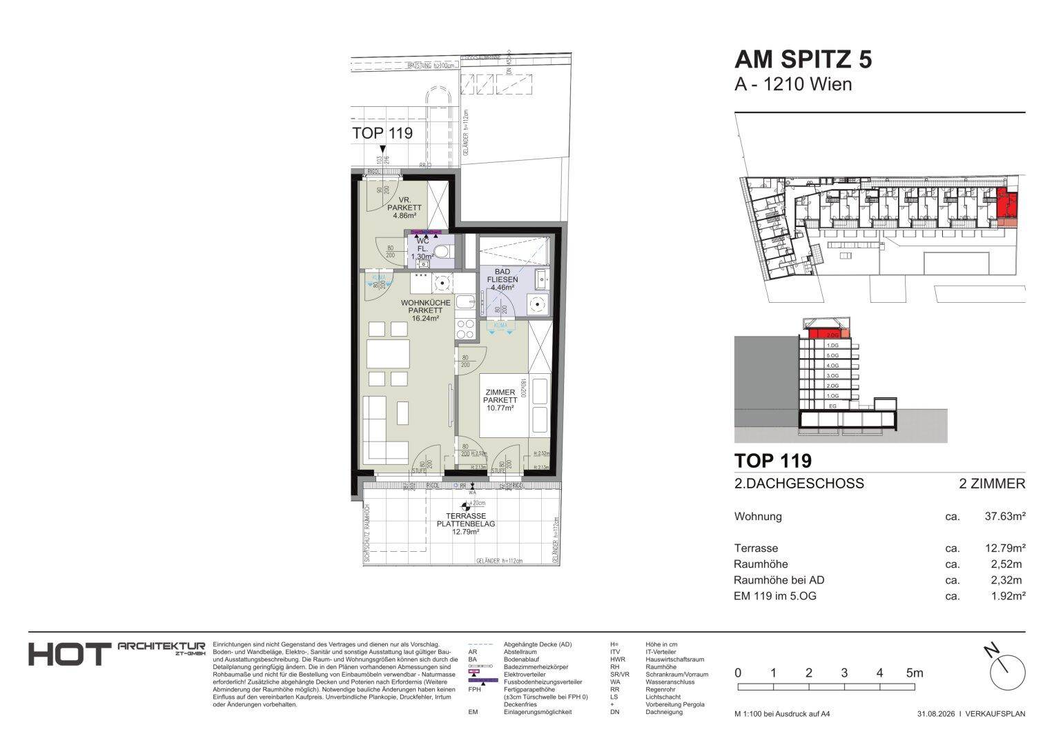 Grundriss der Wohnung TOP 119 mit einem Schlafzimmer, Wohnküche und Terrasse.