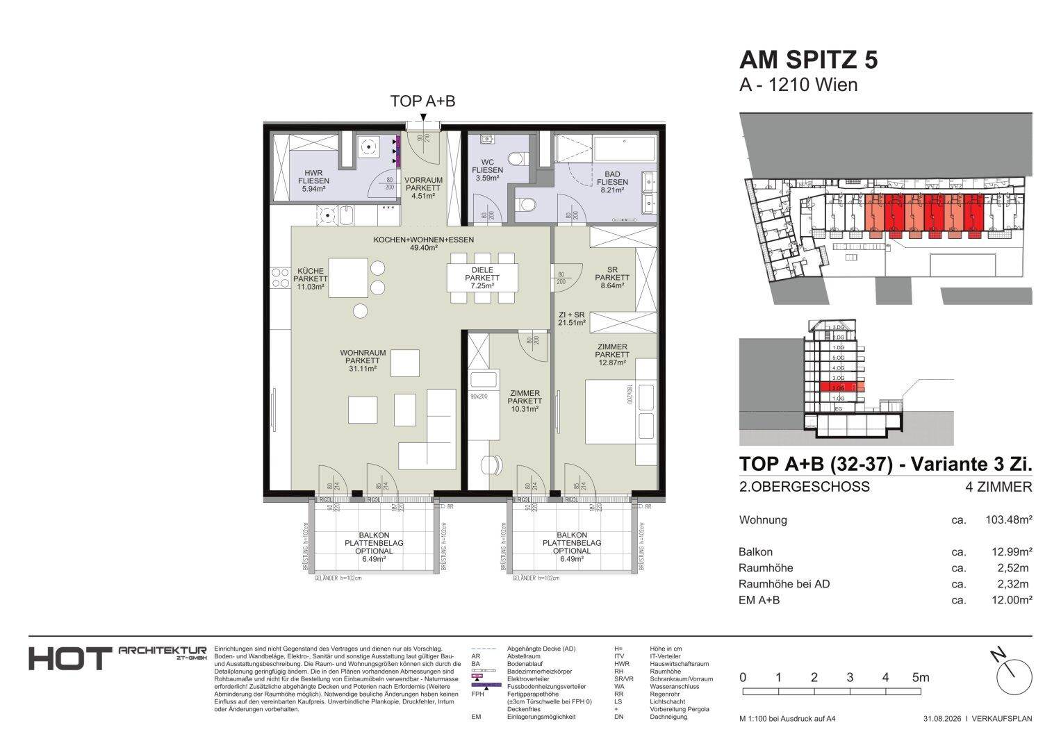 Grundriss für eine 3-Zimmer-Wohnung im Obergeschoss mit Balkonen.