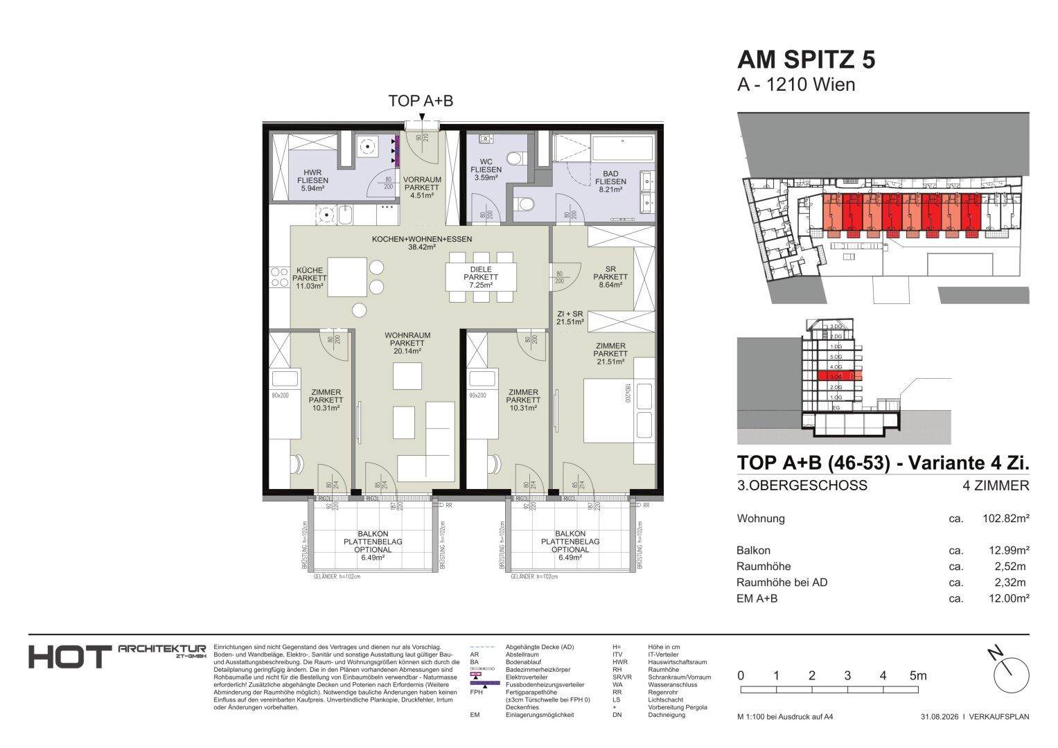 Grundriss einer 4-Zimmer-Wohnung im 3. Obergeschoss mit Balkonen und offenem Wohnbereich.