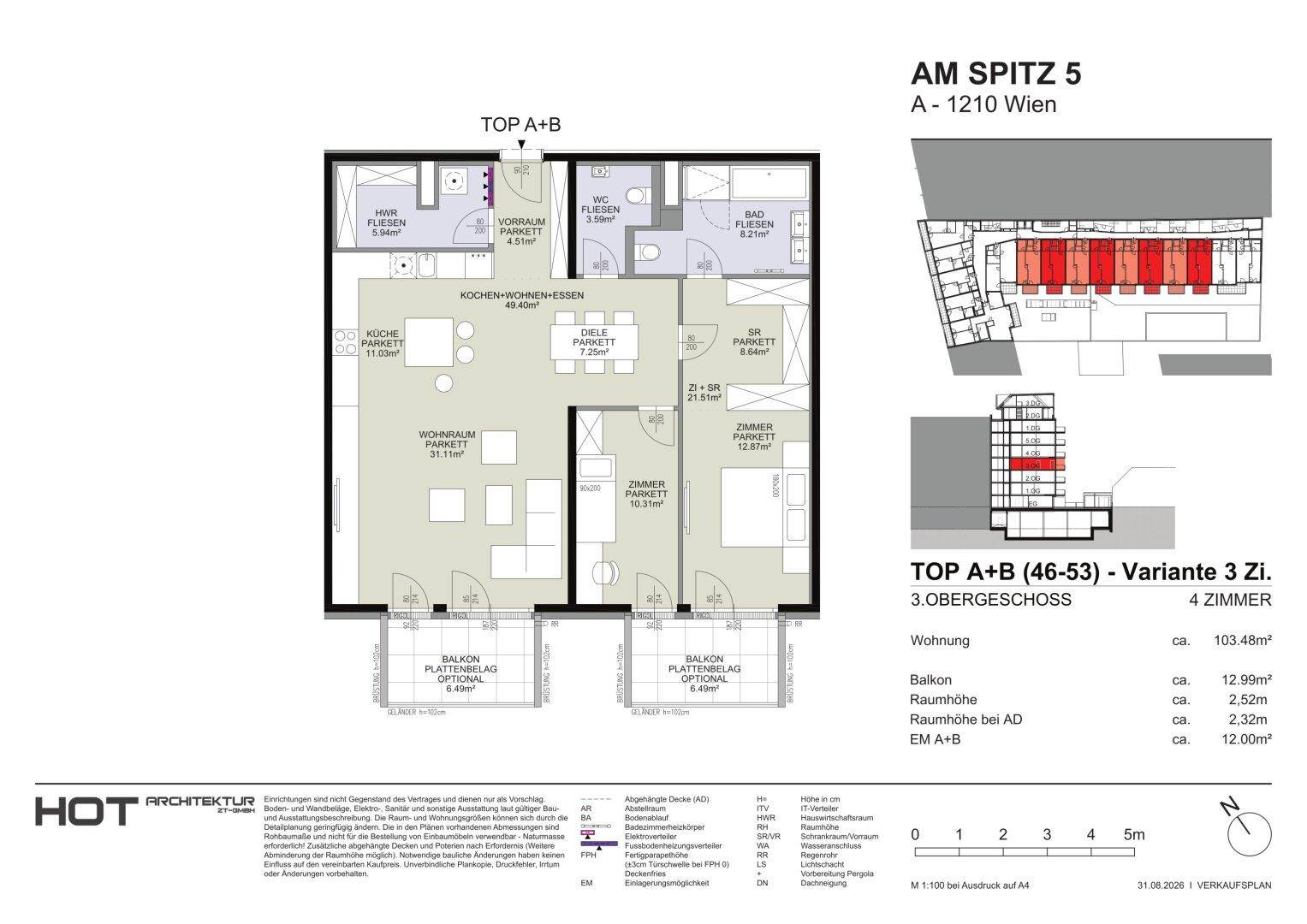 Grundriss einer 3-Zimmer-Wohnung im 3. Obergeschoss mit Balkonen und offenem Wohnbereich.