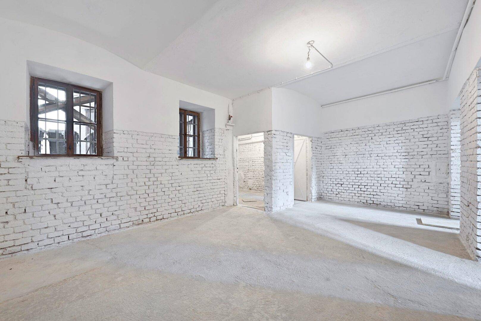 Heller Kellerraum mit zwei Fenstern, weiß gestrichenen Ziegelwänden und Betonboden.