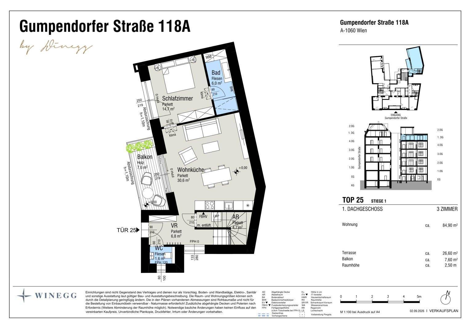 Grundriss des ersten Dachgeschosses mit Schlafzimmer, offenem Wohnbereich und Balkon.