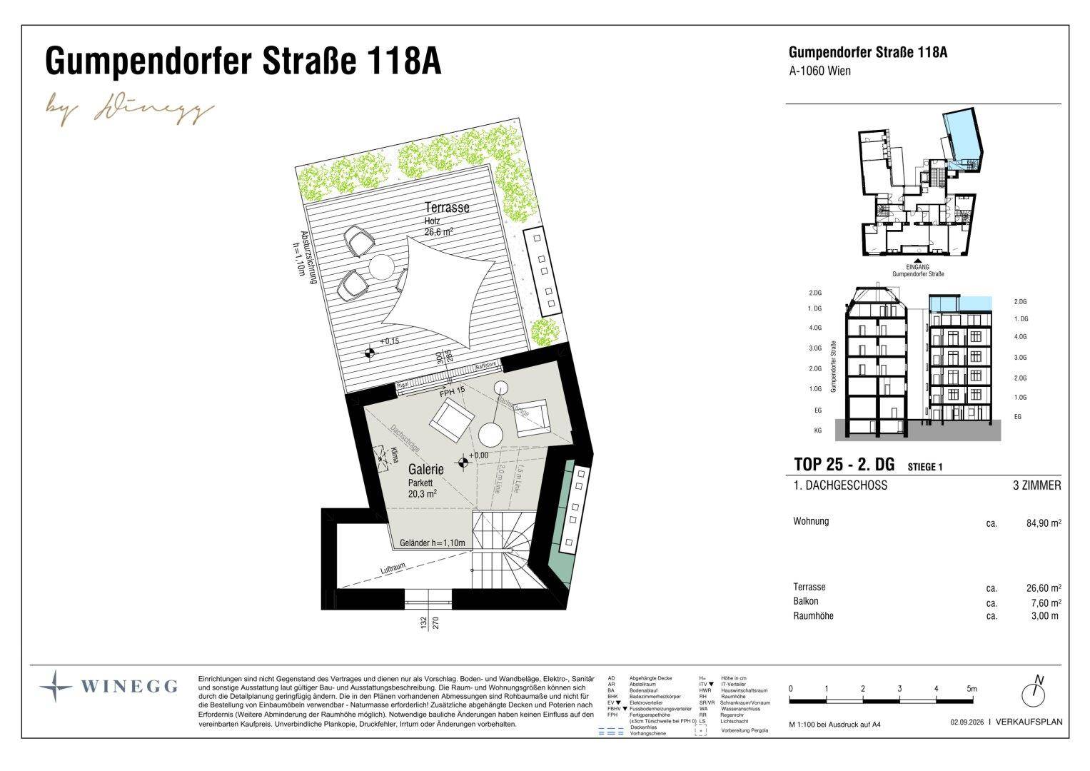 Grundriss des zweiten Dachgeschosses mit Galerie und großer Dachterrasse.