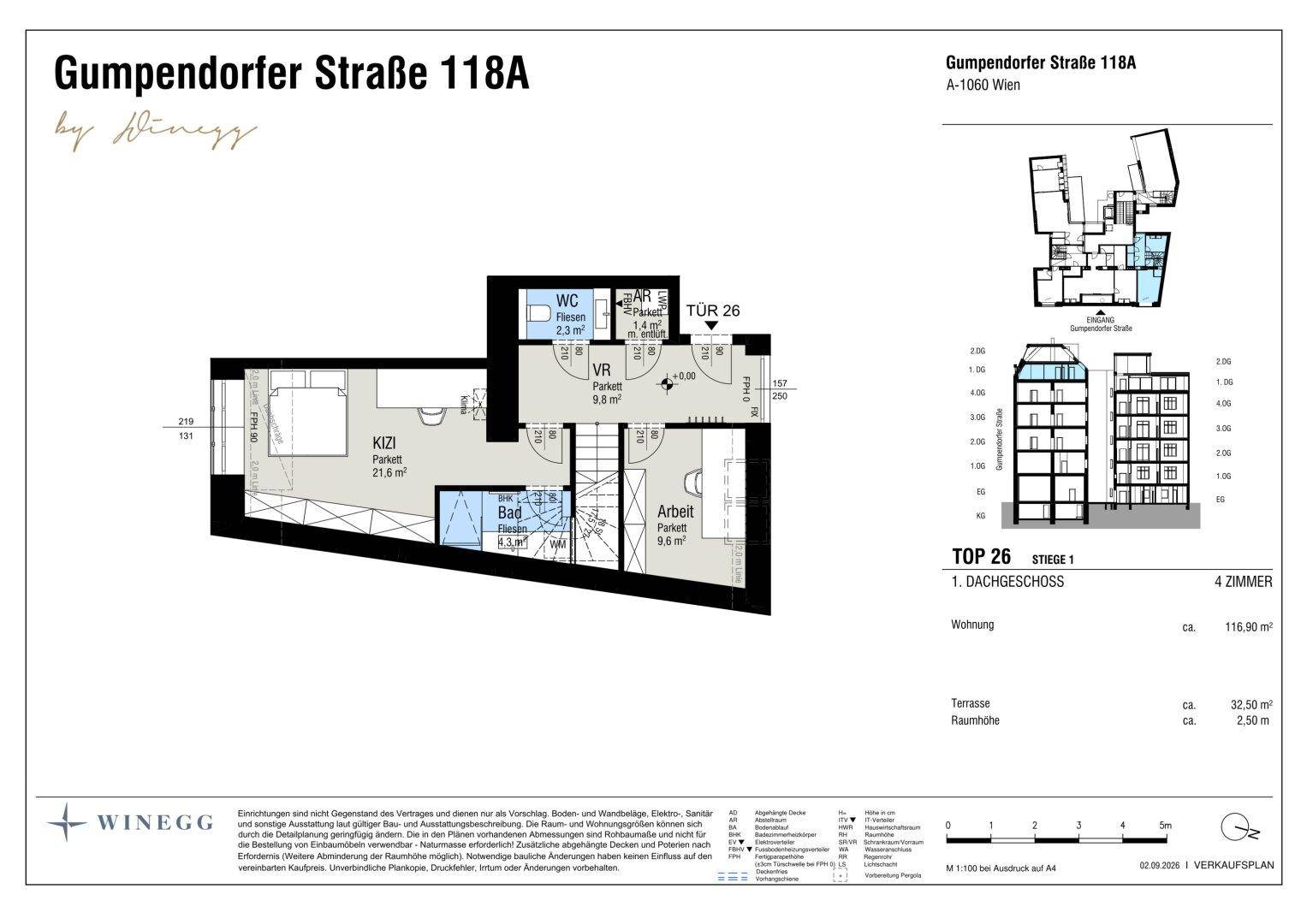 Grundrissplan einer Dachgeschosswohnung mit WC, Bad, Arbeitsbereich und kleinem Wohnbereich.