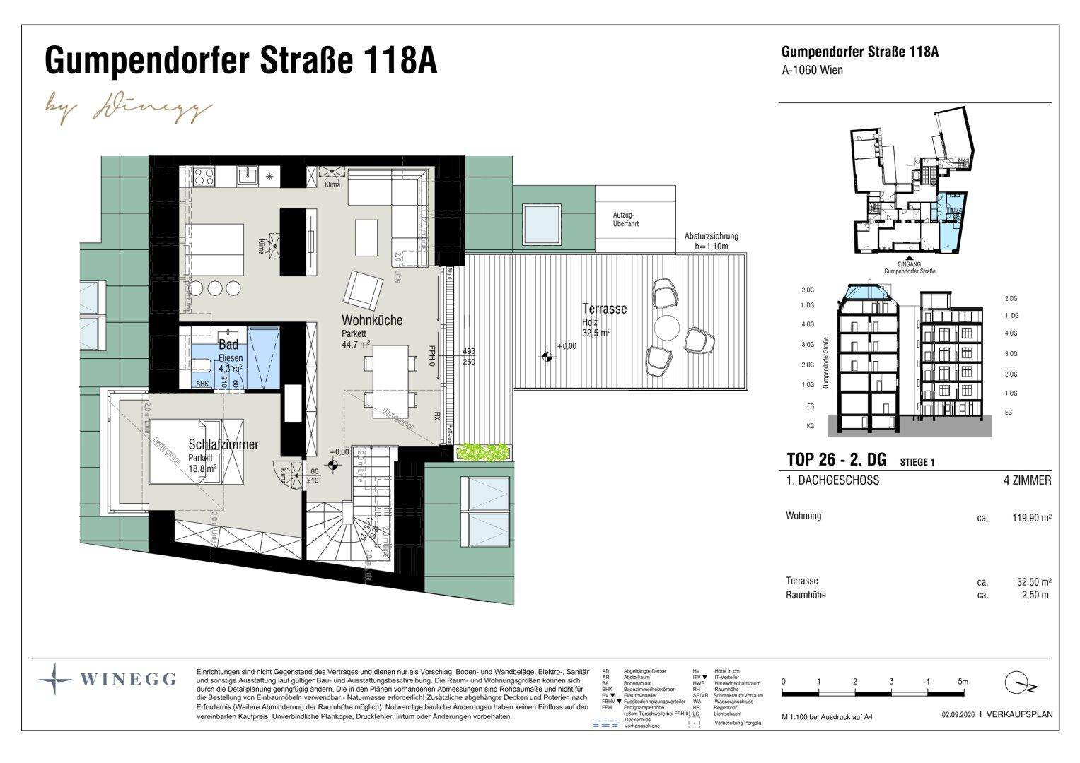 Grundrissplan einer Dachgeschosswohnung mit Schlafzimmer, Bad, Wohnzimmer und großer Terrasse.