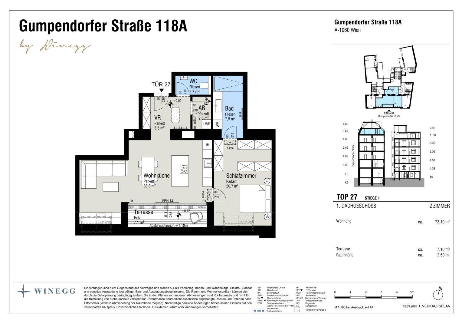 Grundriss für eine Dachgeschosswohnung mit Wohnküche, Schlafzimmer, Bad und Terrasse.