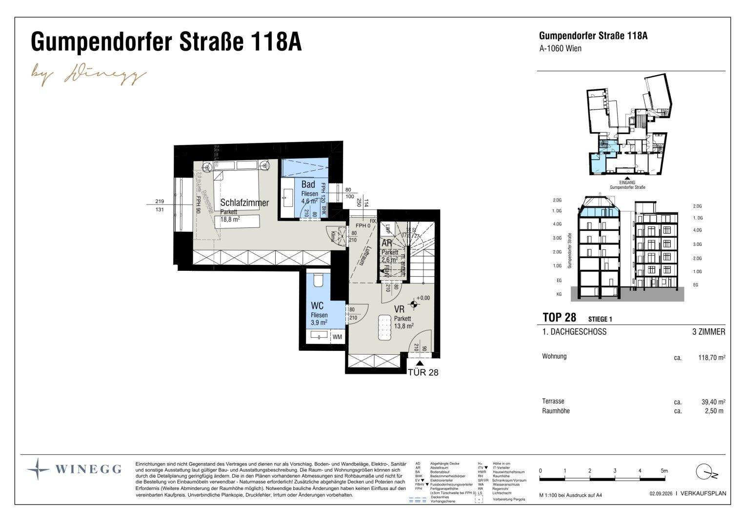 Grundriss des ersten Dachgeschosses mit Schlafzimmer, Bad, WC und Abstellraum.
