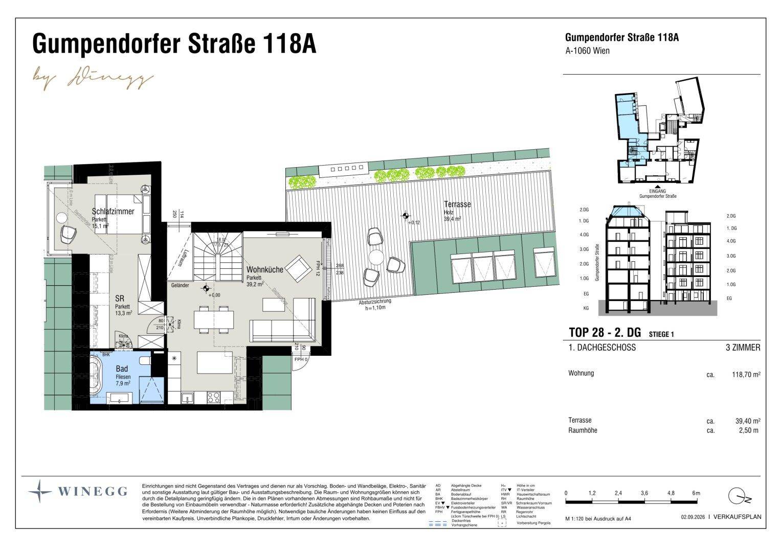 Grundriss des zweiten Dachgeschosses mit Wohnküche, Bad, Schlafzimmer und großer Terrasse.