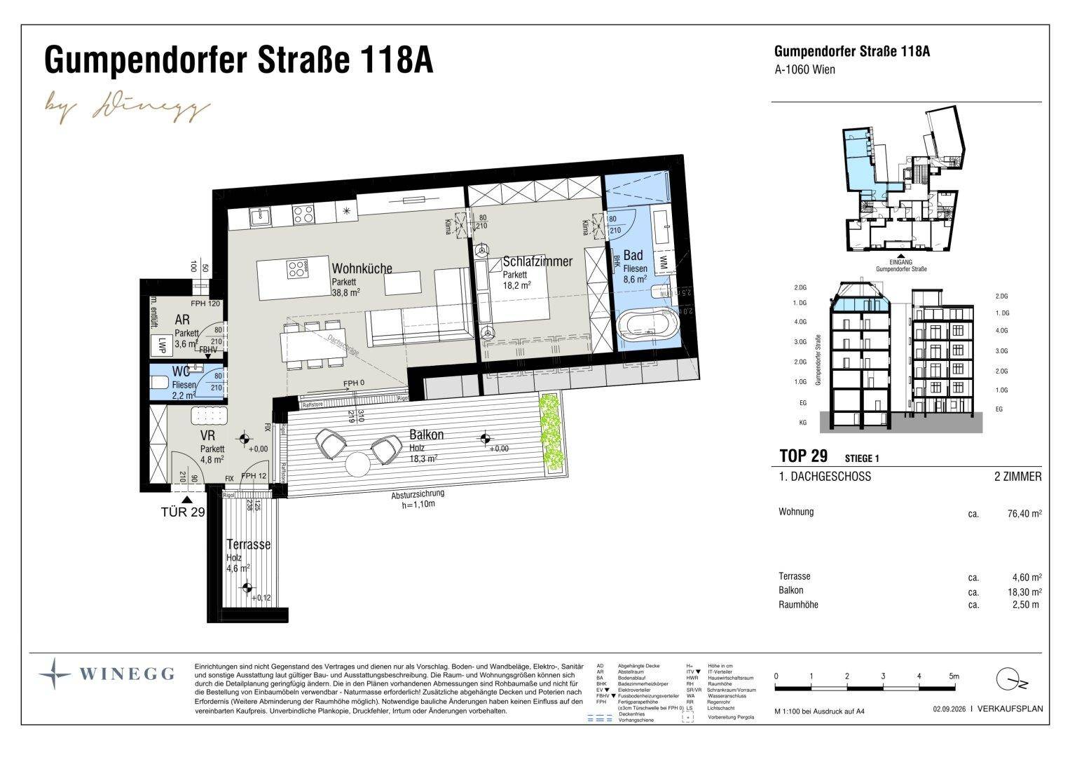 Grundriss einer Dachgeschosswohnung mit offener Wohnküche, Schlafzimmer, Bad und Balkon.