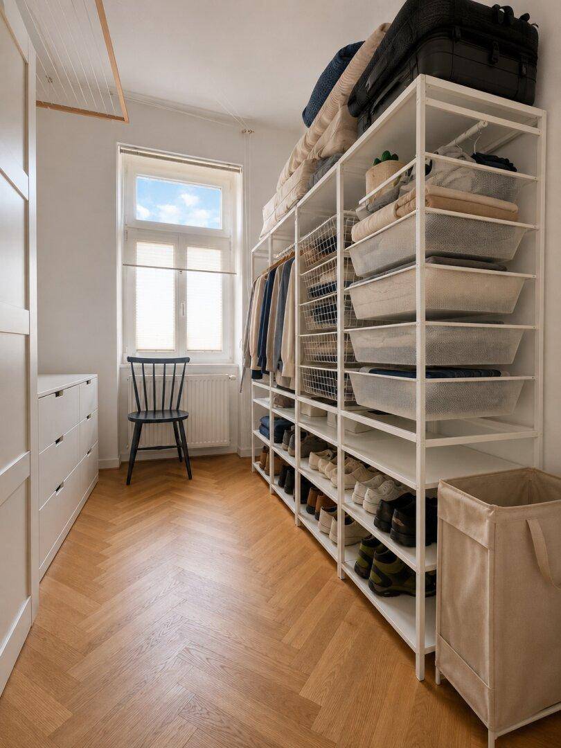 Geräumiger begehbarer Kleiderschrank mit Regalsystemen und Fenster für viel Stauraum.