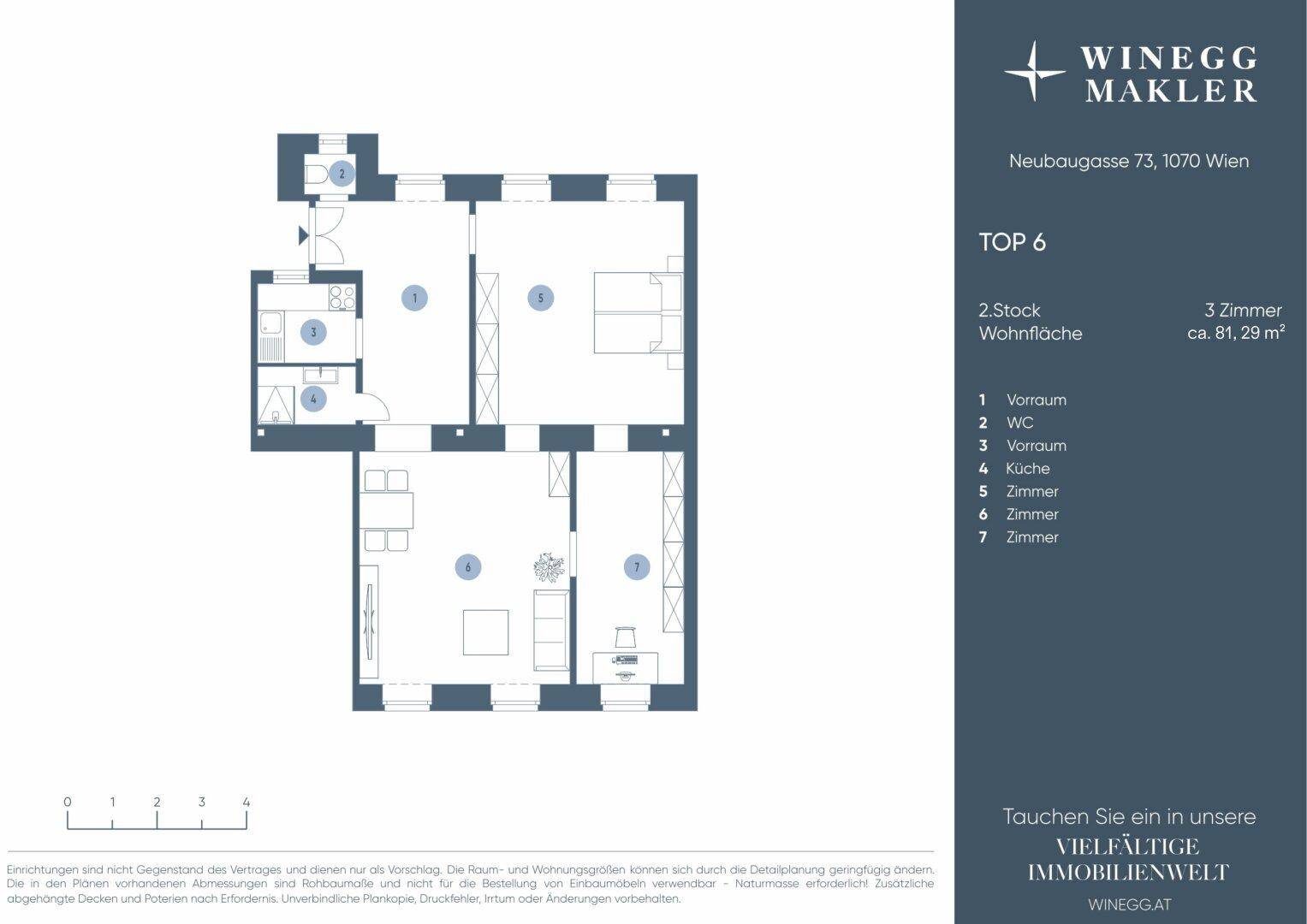 Grundriss einer Wohnung mit separater Küche, WC und mehreren Zimmern.
