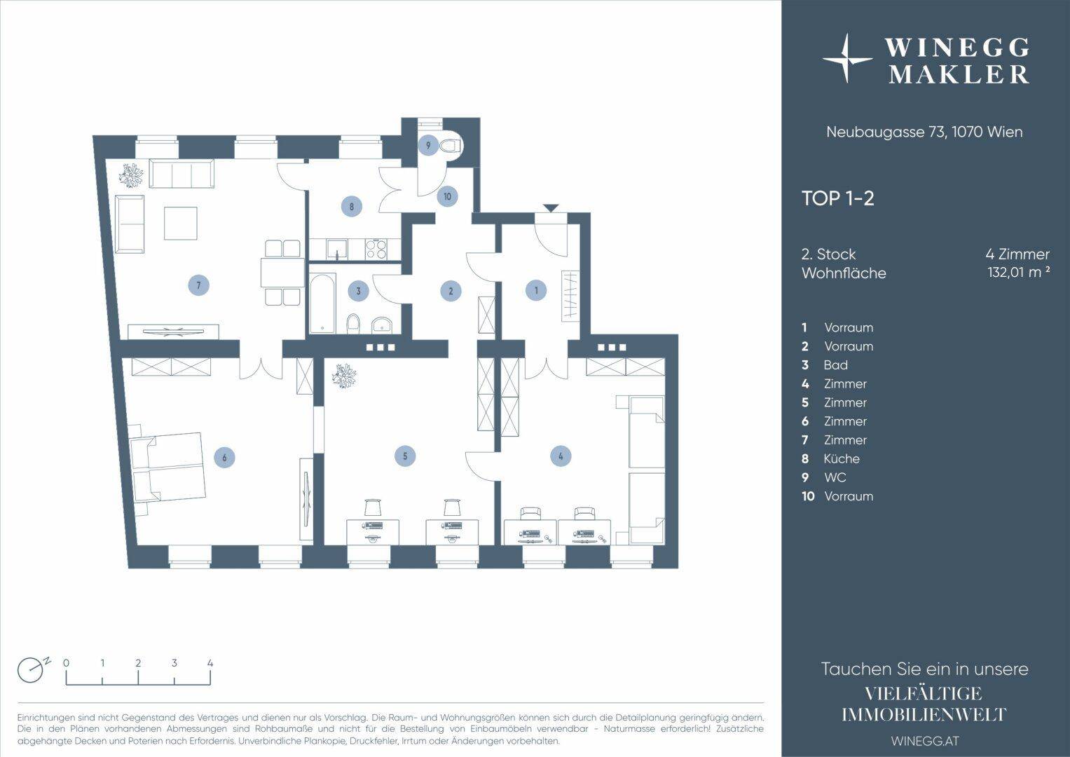 Grundriss einer Wohnung im zweiten Stock mit vier Zimmern, Küche, Bad und separatem WC.