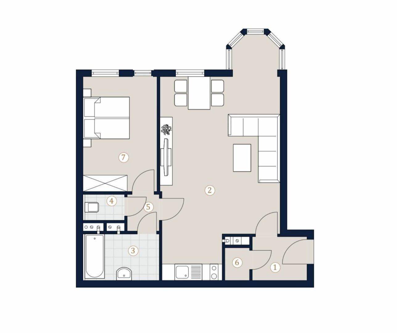 Grundriss einer Wohnung mit offenem Wohnbereich, Schlafzimmer und Balkon.