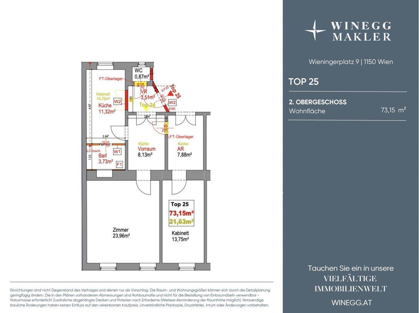 Grundriss der Wohnung Top 25 im 2. Obergeschoss mit 73,15 m² Wohnfläche.
