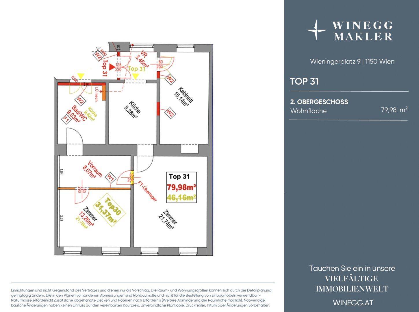 Detaillierter Grundriss einer Wohnung im zweiten Obergeschoss mit 79,98 m² Wohnfläche.