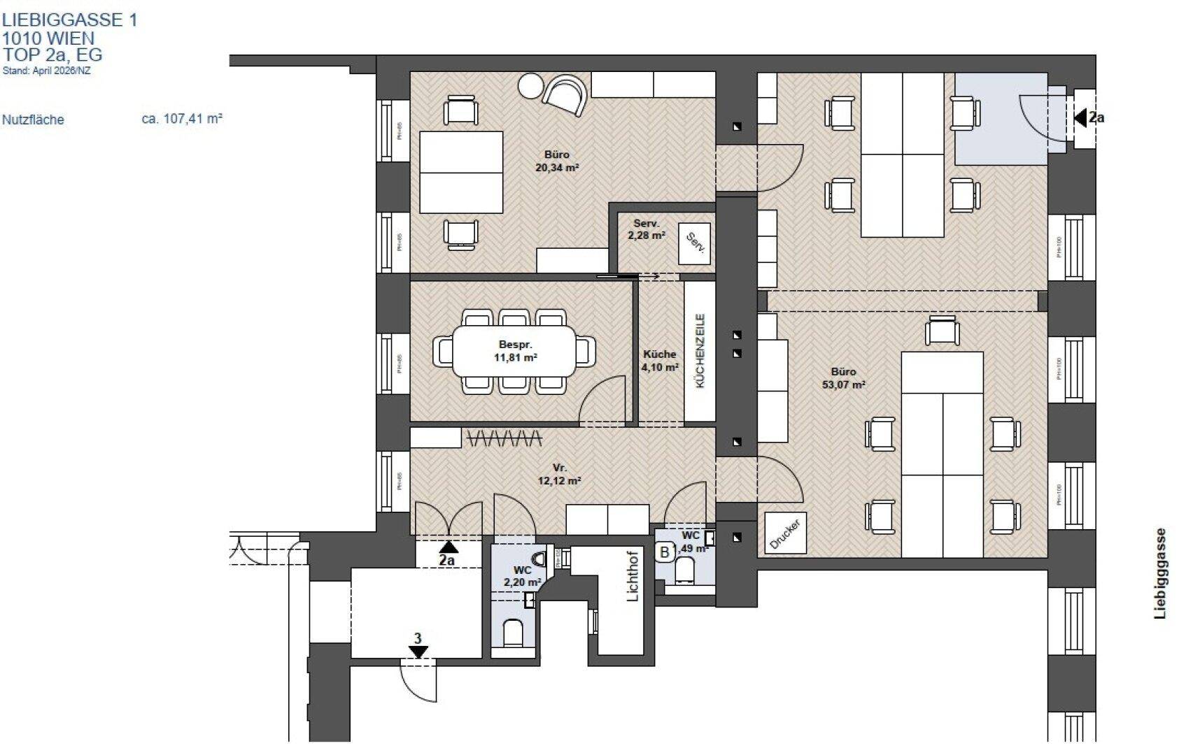 Grundriss einer Wohnung mit mehreren Büros, Küche und Sanitärbereichen auf 107,41 m².