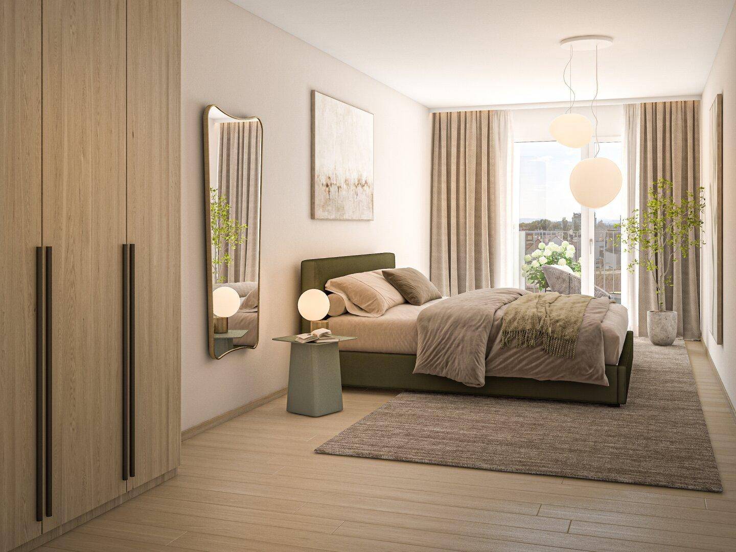 Modernes Schlafzimmer mit Doppelbett, Holzschrank und Zugang zu einem möblierten Balkon.