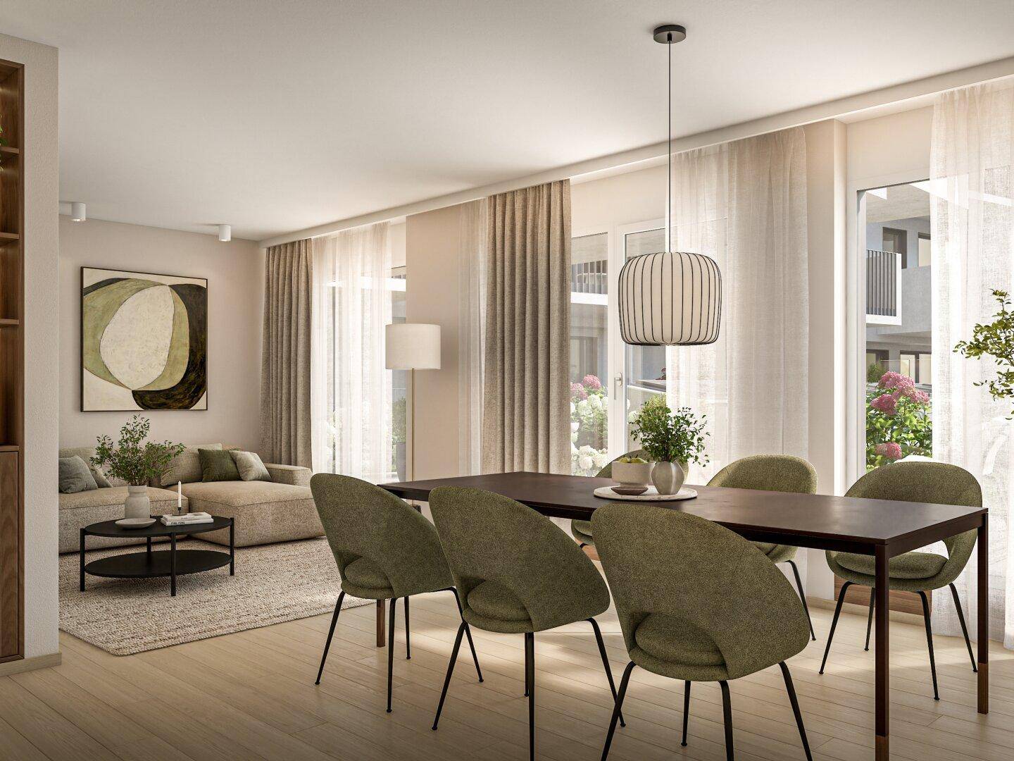 Geräumiger Wohn- und Essbereich mit stilvollen Möbeln, großen Fenstern und viel Licht.