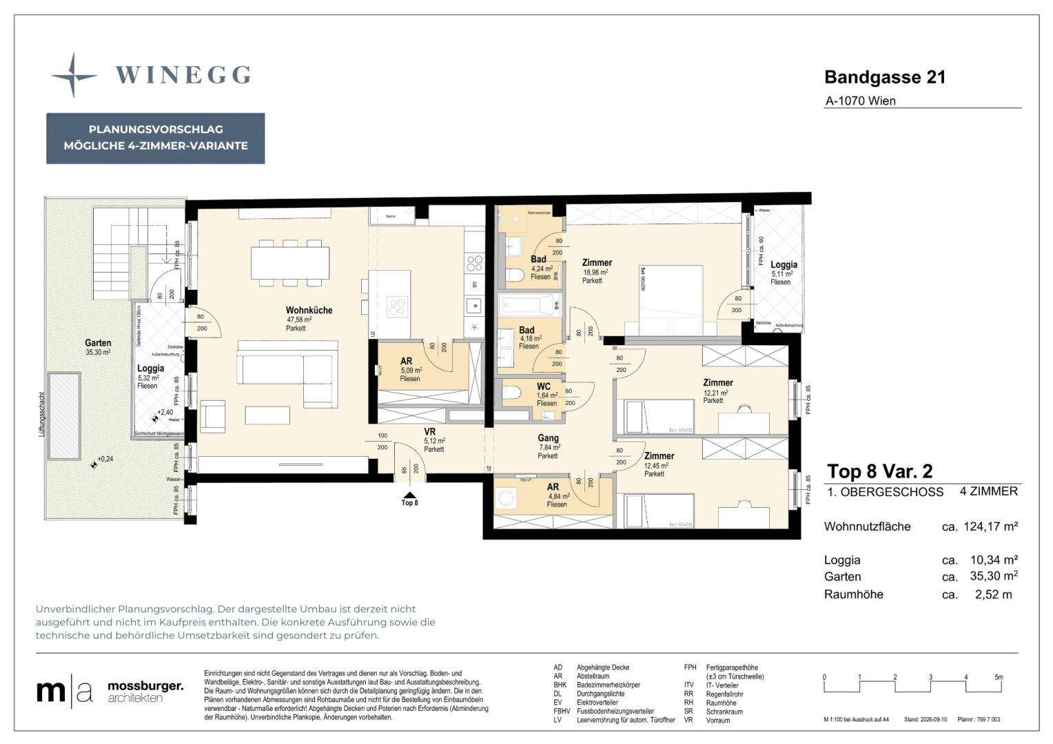 Grundriss für eine 4-Zimmer-Wohnung mit offenem Wohnbereich, Loggia und privatem Garten.