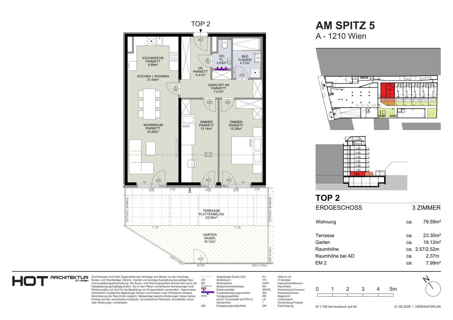 Grundriss einer 3-Zimmer-Wohnung im Erdgeschoss mit offener Küche, Terrasse und Garten.