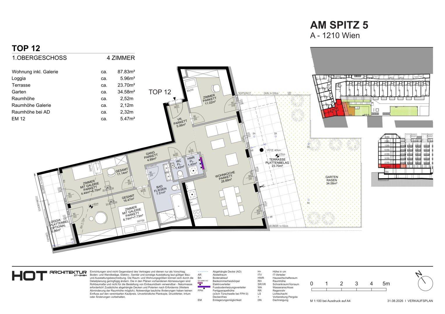 Grundriss der Wohnung TOP 12 im ersten Obergeschoss mit vier Zimmern, Loggia, Terrasse und Garten.