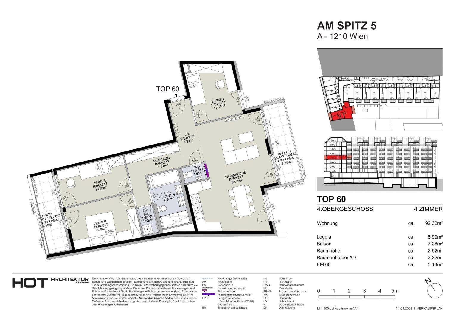 Grundriss einer 4-Zimmer-Wohnung mit offener Wohnküche, Balkon und Loggia.