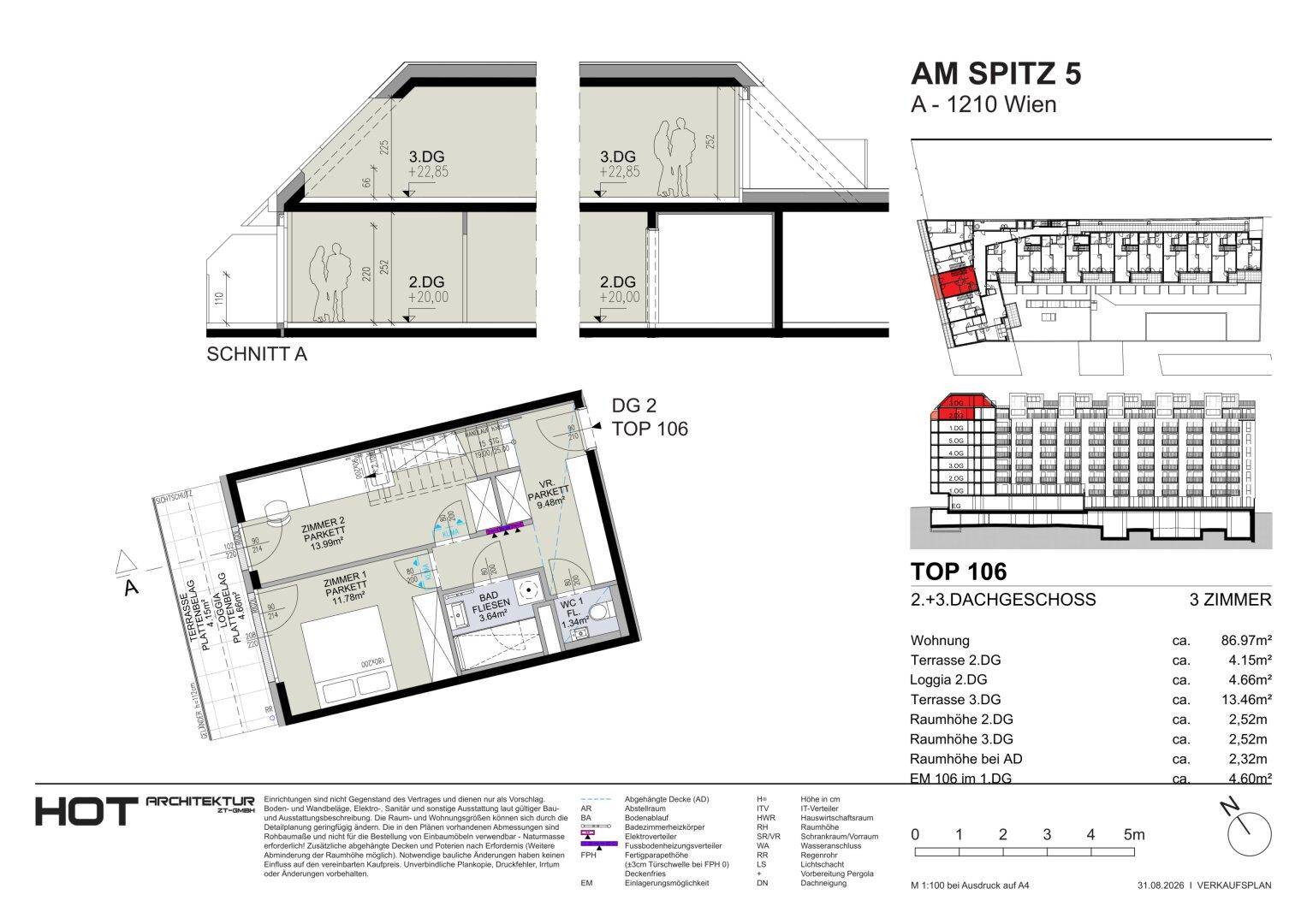 Grundriss der 2. und 3. Dachgeschosse mit zwei Zimmern, Bad, WC und Terrasse.