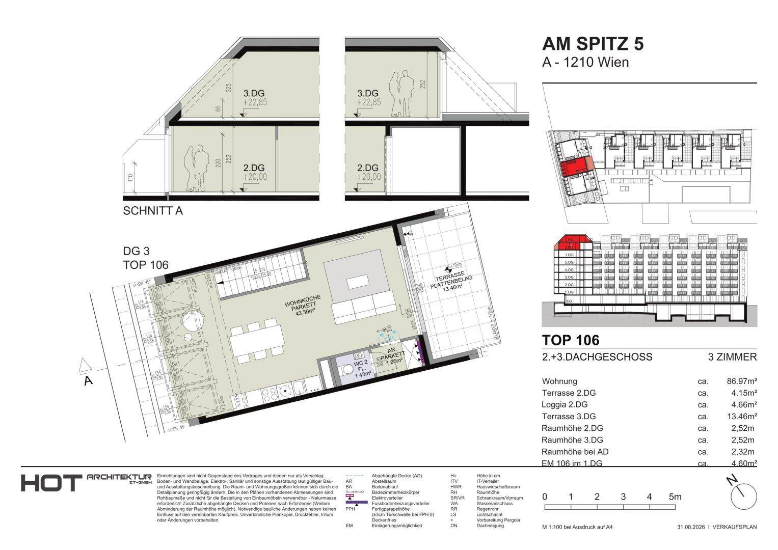 Grundriss der 2. und 3. Dachgeschosse mit offenem Wohn-Essbereich, Bad, WC und Terrasse.