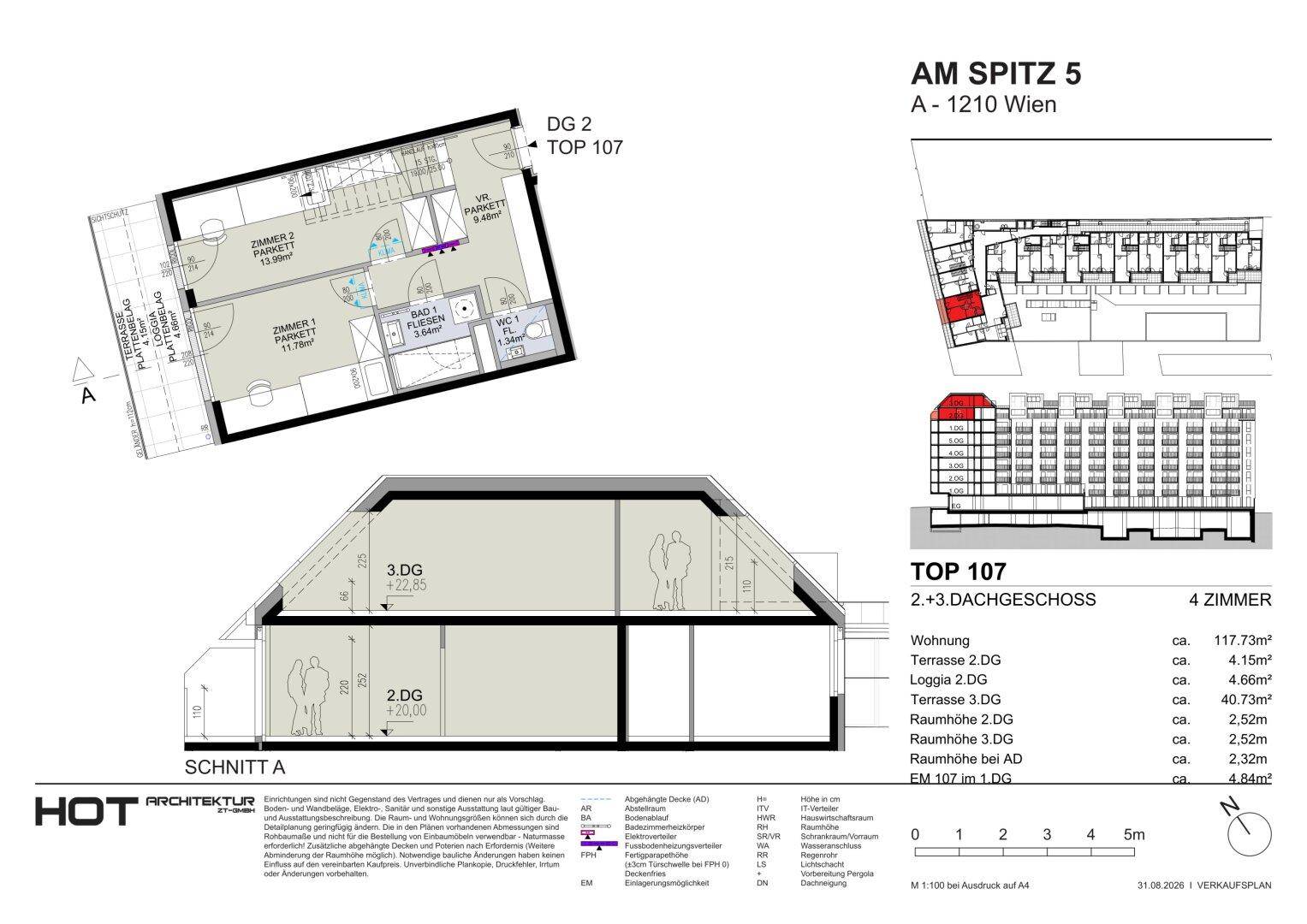 Schnittansicht und Grundriss des 2. und 3. Dachgeschosses von TOP 107 mit sichtbaren Dachschrägen.