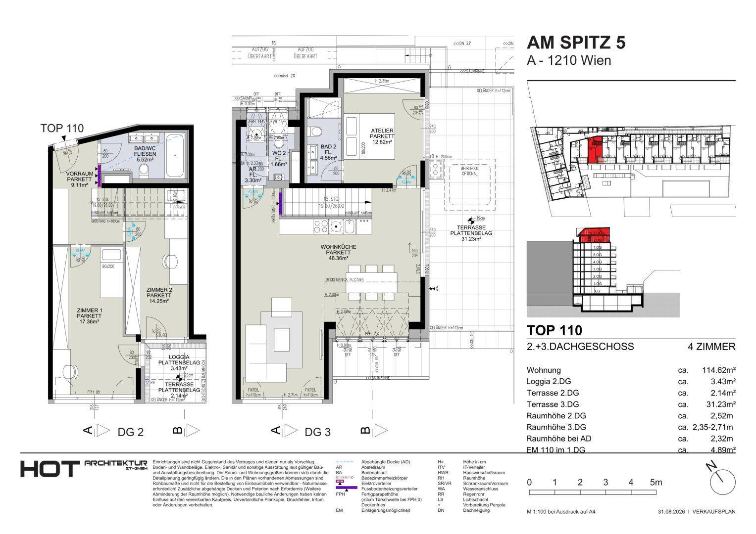 Grundriss der Dachgeschosswohnung TOP 110 mit offener Wohnküche, Schlafzimmern, Bädern und Terrassen.