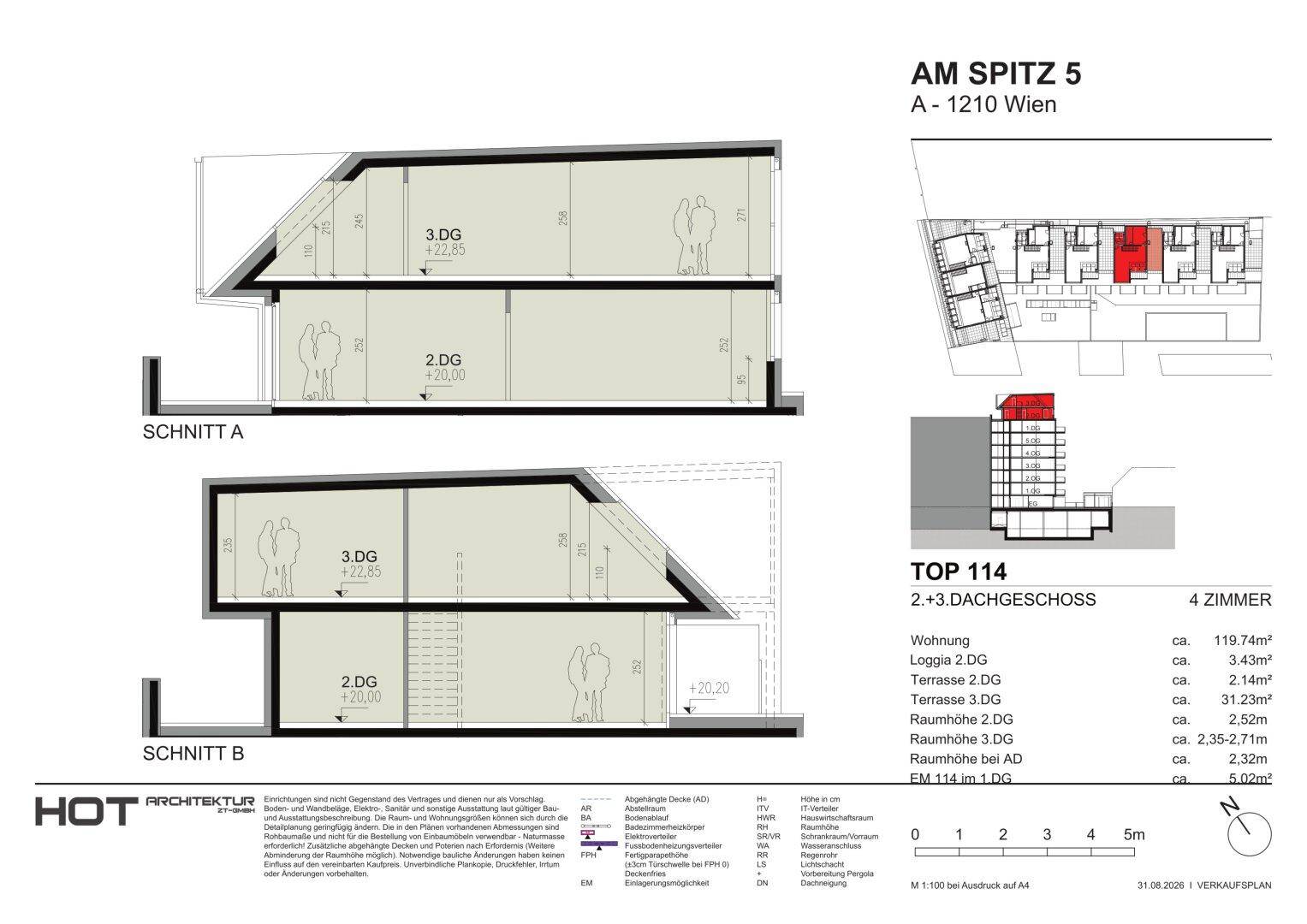 Querschnitte eines mehrstöckigen Dachgeschoss-Apartments mit Dachschrägen, Loggia und Terrassenbereichen.