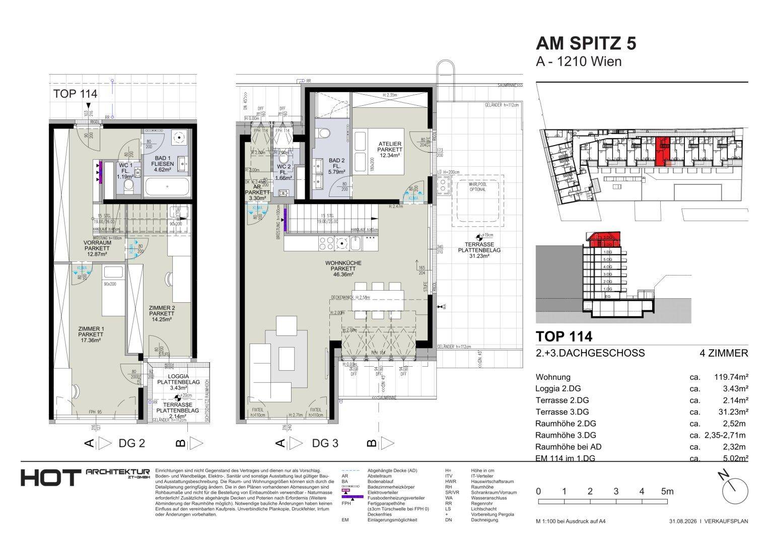 Grundrisse eines zweistöckigen Dachgeschoss-Apartments mit offener Wohnküche, mehreren Bädern und Terrassen.