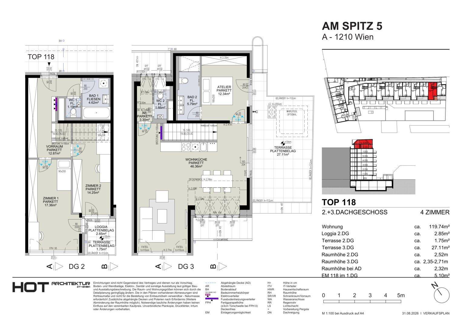 Grundriss der Dachgeschosswohnung mit offener Wohnküche, zwei Bädern, Loggia und großer Terrasse.