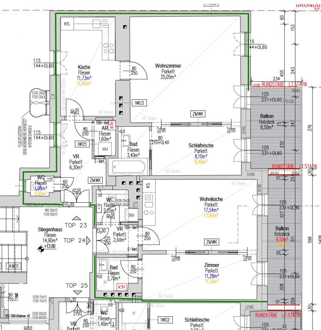 Detaillierter Grundriss einer Wohnung mit Wohnzimmer, Küche, Schlafzimmern und Balkonen.