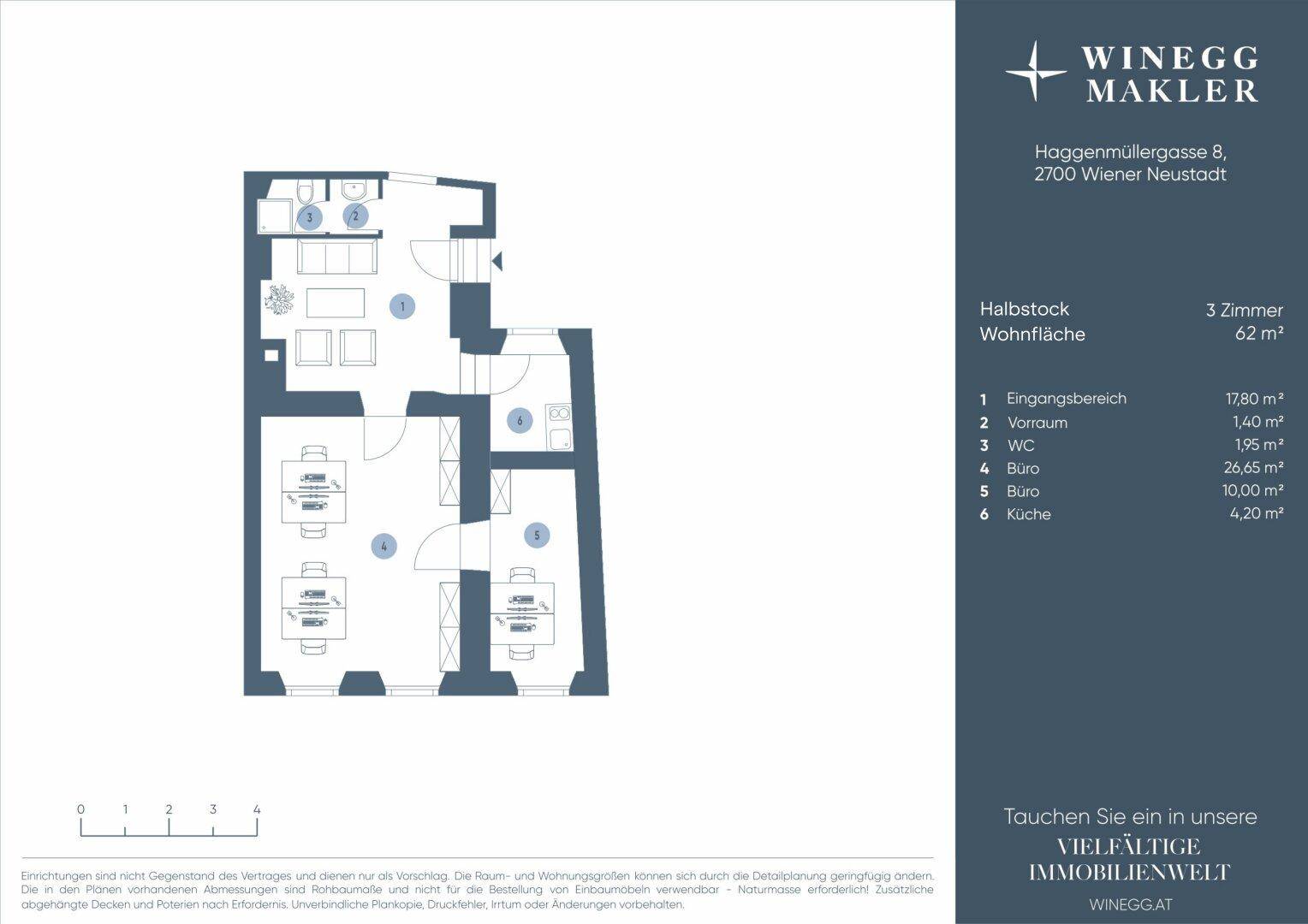 Detaillierter Grundriss mit mehreren Büroräumen, einer Küche und einem Wohnbereich auf 62 m².