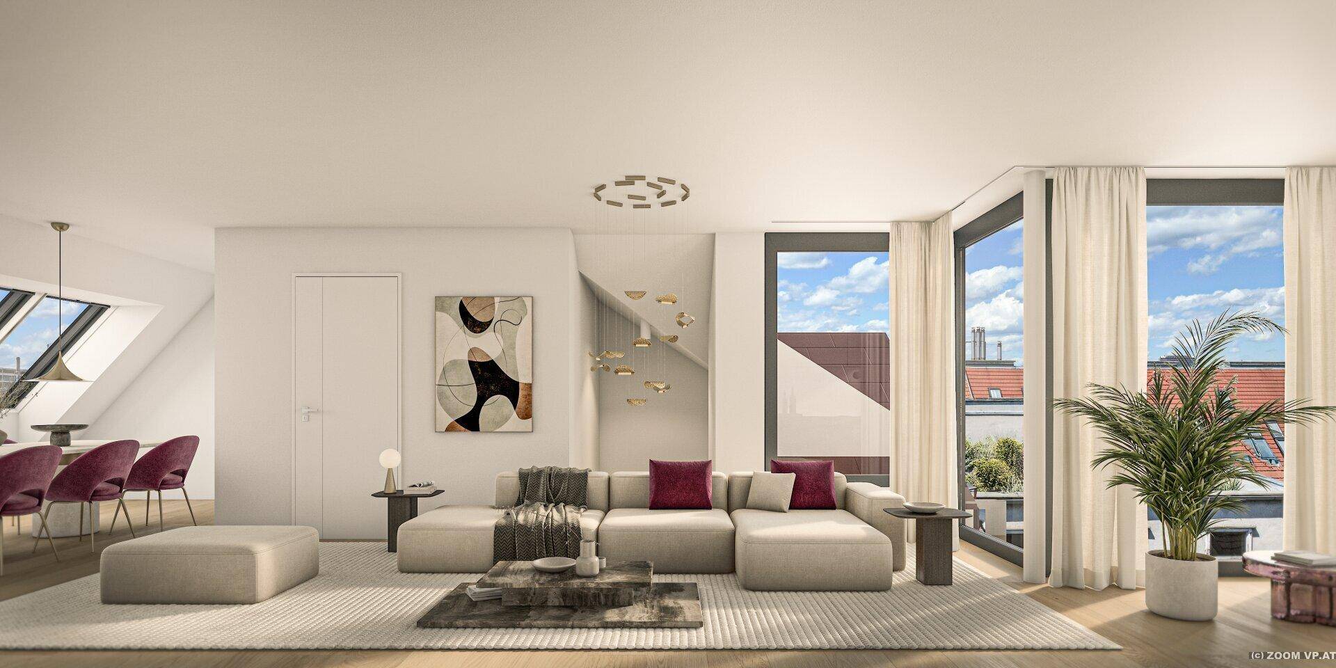 Helles Wohnzimmer mit großem Ecksofa, hohen Fenstern und Blick ins Grüne.