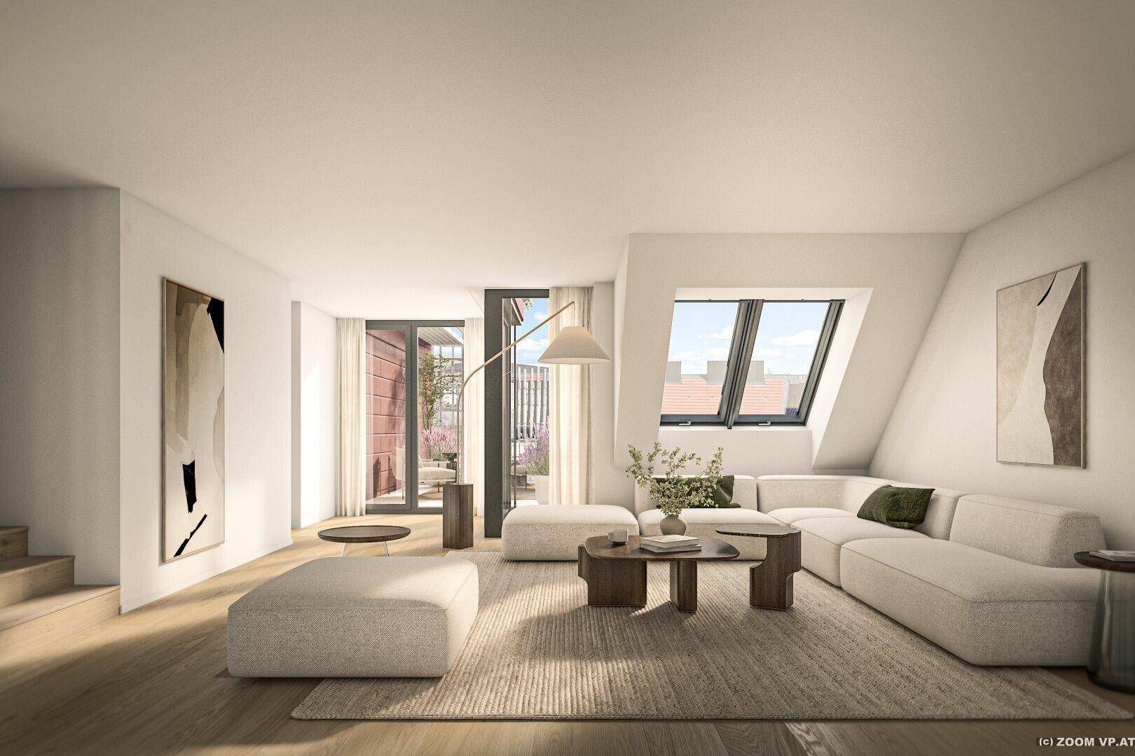 Geräumiges Wohnzimmer mit bequemer Couch, Dachfenstern und Zugang zur Terrasse.