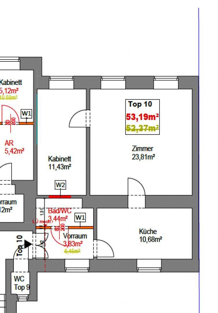 Grundriss der Wohnung Top 10 mit Zimmern, Küche, Bad und WC, inklusive Flächenangaben.